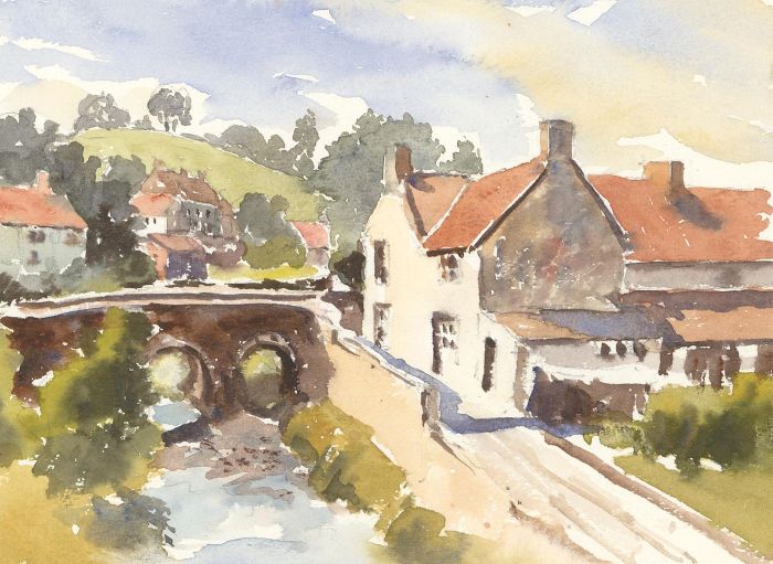 John A. Case - Contemporary Watercolour, Village by the Bridge