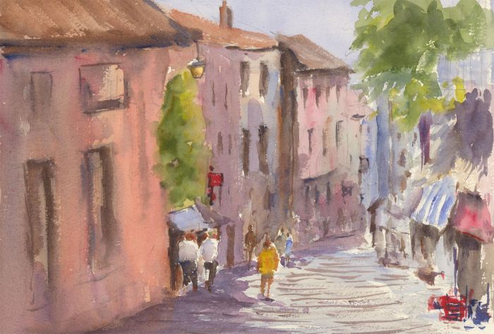 John A. Case - Double Sided Contemporary Watercolour, Walking Through the Street