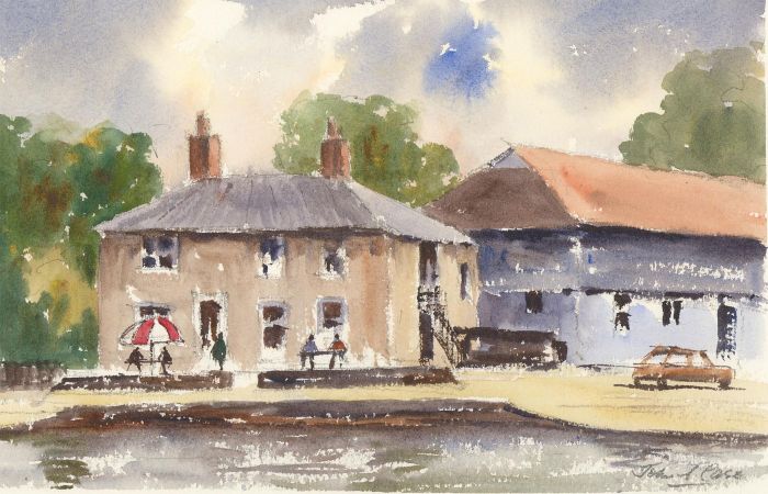 John A. Case - Signed Contemporary Pen and Ink Drawing, Harbourside with Figures