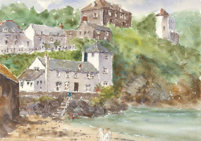 John A. Case - Contemporary Watercolour, Coastal Town on the Cliffside