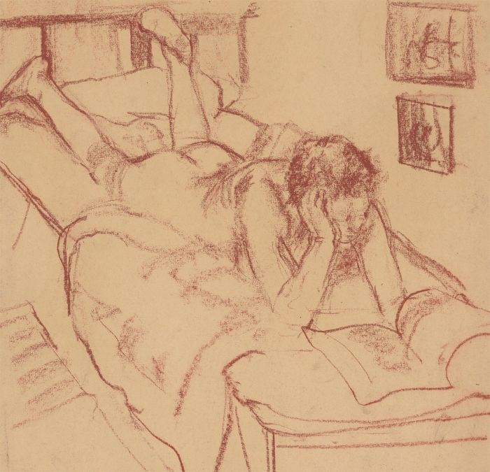 20th Century Pastel - Nude Reading in Bed