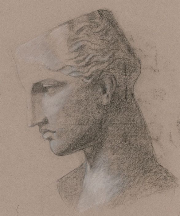 Early 20th Century Charcoal Drawing - Side Profile, Greek Bust
