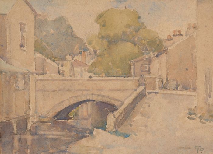 F.D - Early 20th Century Watercolour, Village Street Scene, Beside a River