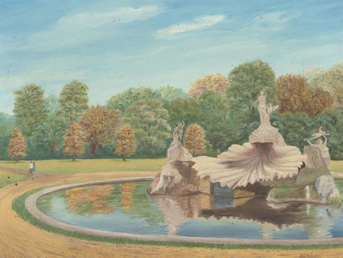 John E. Stephens - Signed 20th Century Oil, Sculptural Fountain in the Park