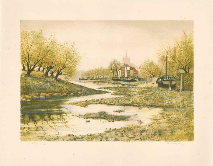 Jeremy King - 20th Century Lithograph, Town View with Boats