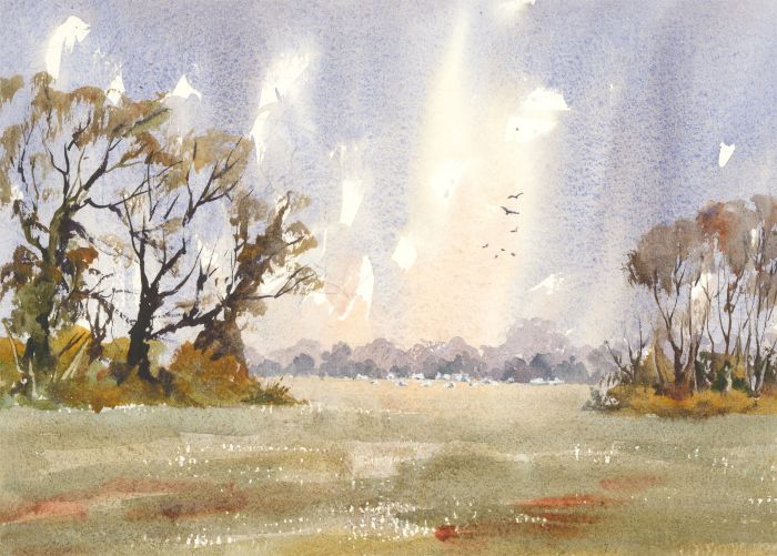 John A. Case - Contemporary Watercolour, Winter, Somerset Levels