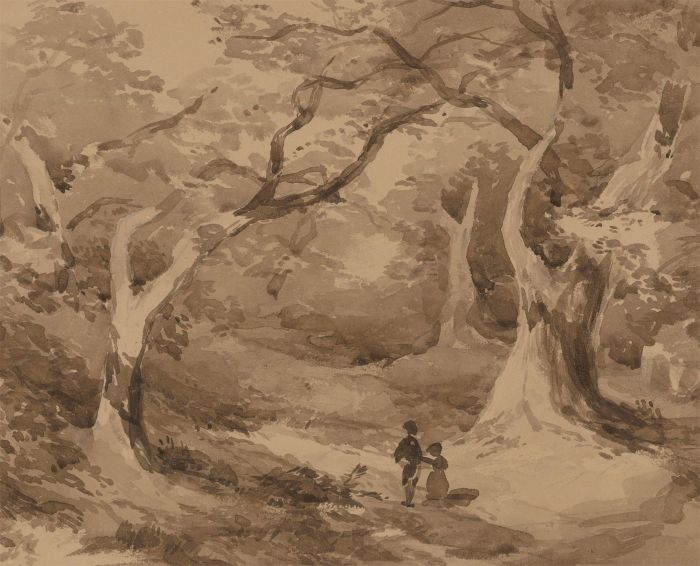 Mid 19th Century Watercolour - Figures in a Woodland Setting
