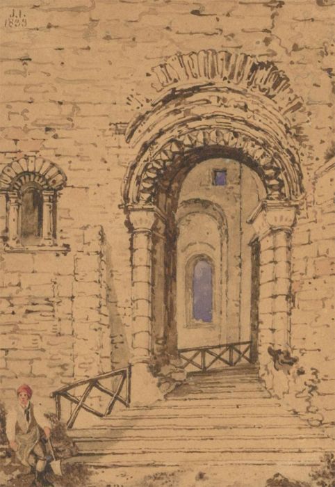 J.I - Fine 1839 Pen and Ink Drawing, Figure Outside A Ruin