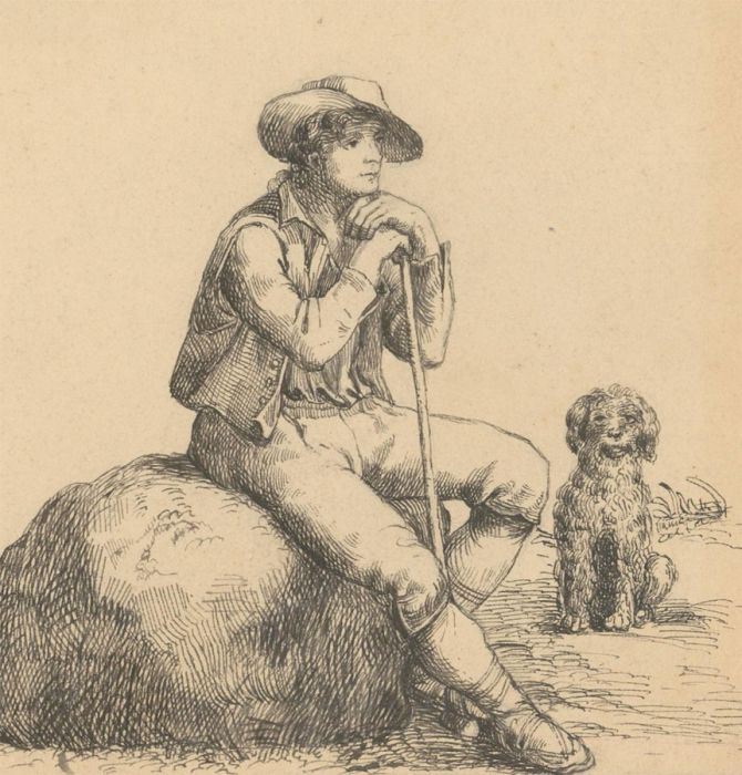 Mid 19th Century Pen and Ink Drawing - Shepherd with Dog