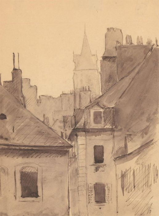 Late 19th Century Pen and Ink Drawing - Rooftop View