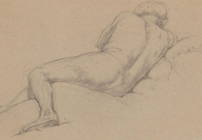 20th Century Charcoal Drawing - Study of a Reclining Man