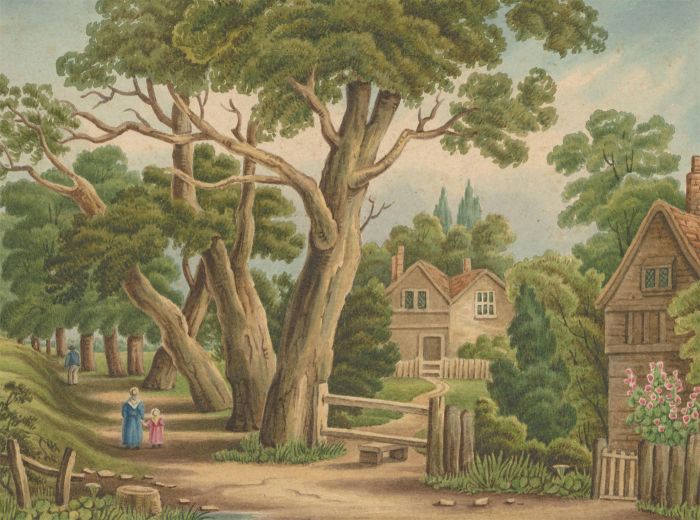 J.C.A. Marston - 1859 Watercolour, Woodland Walk with Cottages