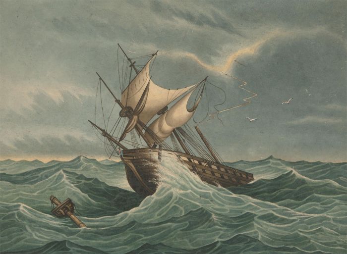 J.C.A. Marston - 1850 Watercolour, Ship in Stormy Weather