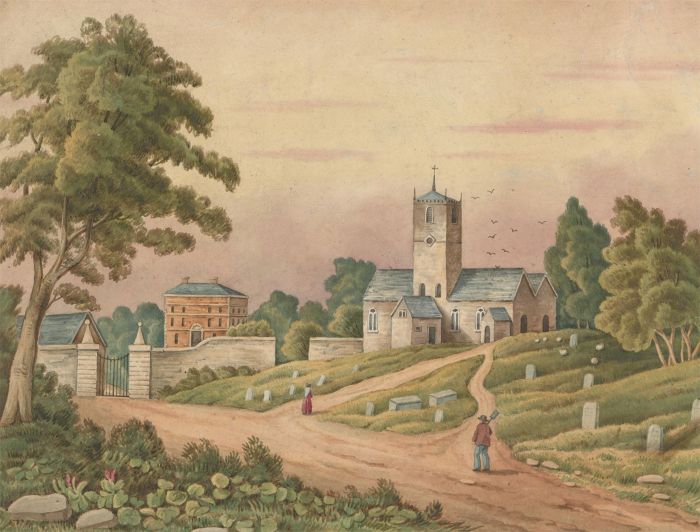 J.C.A. Marston - 1851 Watercolour, Vicarage and Church, Madeley, Shropshire