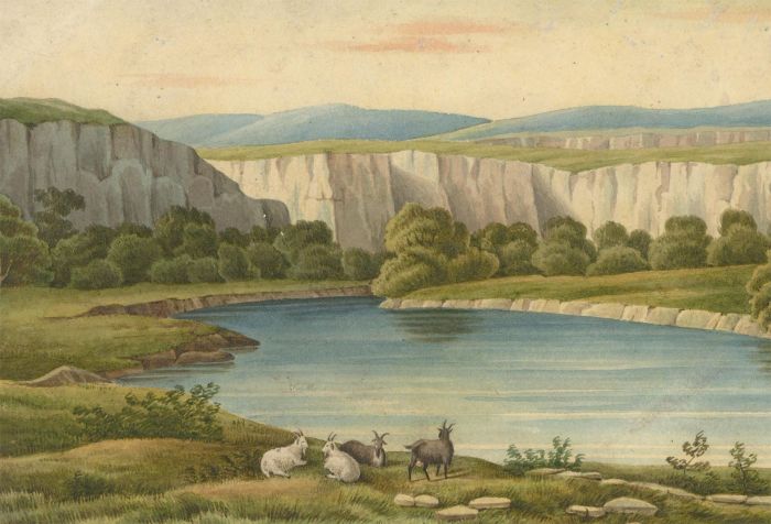 J.C.A. Marston - 1861 Watercolour, Lake Scene with Goats