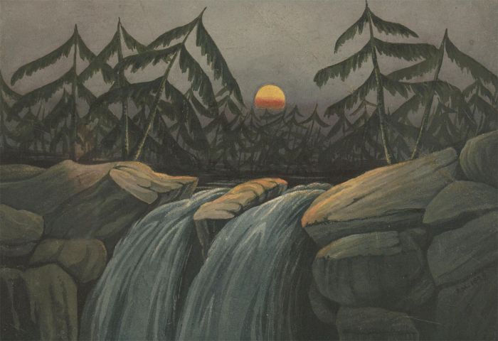 J.C.A. Marston - 1849 Watercolour, Waterfall by Moonlight