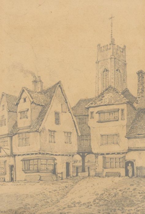 J.A. Miller - 1810 Graphite Drawing, Norwich Street Scene, St George's Church