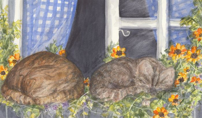 Audrey Pardoe - 1997 Watercolour, Sleeping Cats