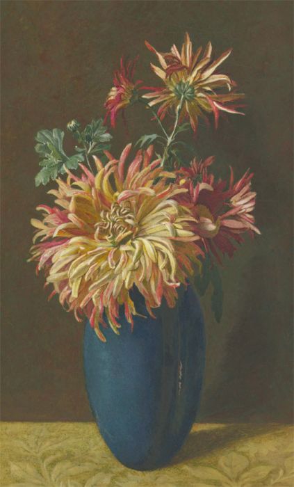 Kate Sadler (fl.1878-1894) - c.1883 Watercolour, Blue Vase with Chrysanthemums