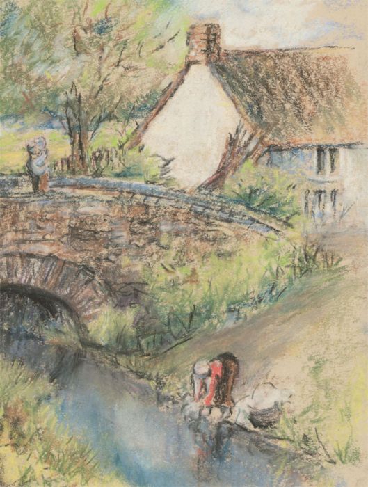 Audrey Pardoe - 20th Century Pastel, Bridge by a Cottage