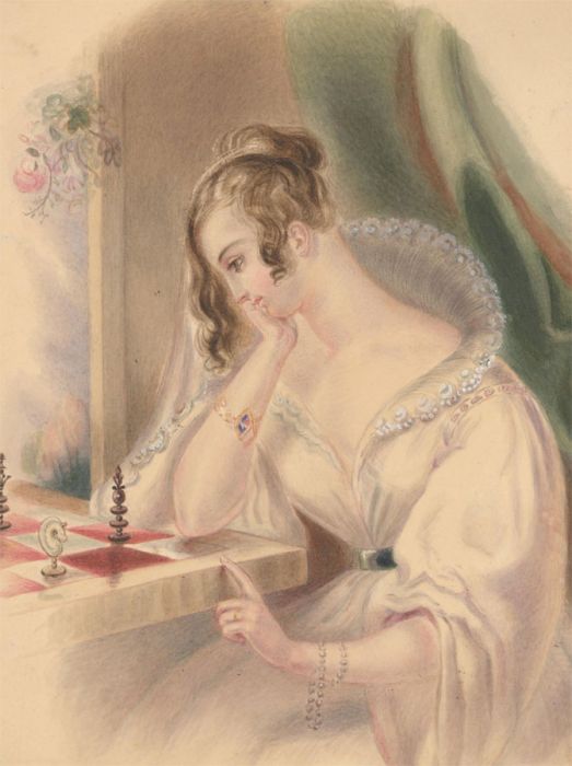 Mid 19th Century Watercolour - Young Lady Playing Chess