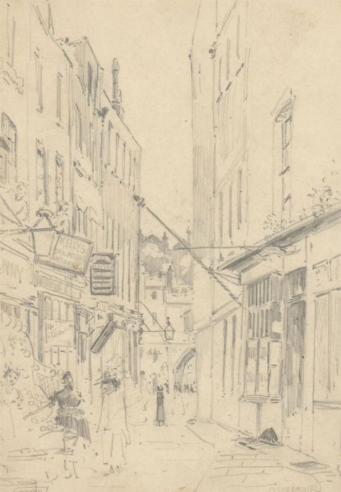 Monk - 1893 Graphite Drawing, Street Scene, Clerkenwell