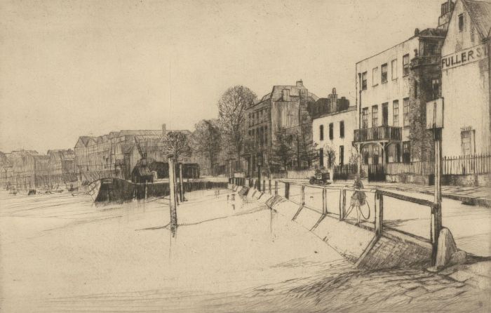 Frank Osler - 1934 Etching, Riverside Street Scene