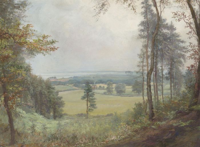 1895 Gouache - Landscape View with Cottage in the Distance