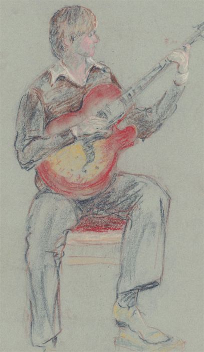 Ann Matthews - 20th Century Pastel, Portrait Study of a Man Playing the Guitar