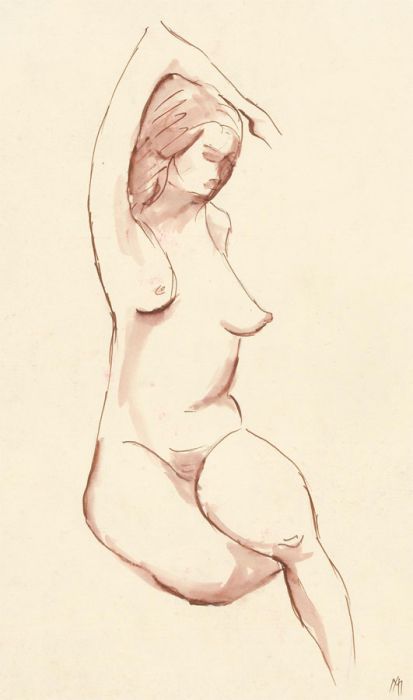 Ann Matthews - Signed 20th Century Pen and Ink Drawing, Nude Seated Lady