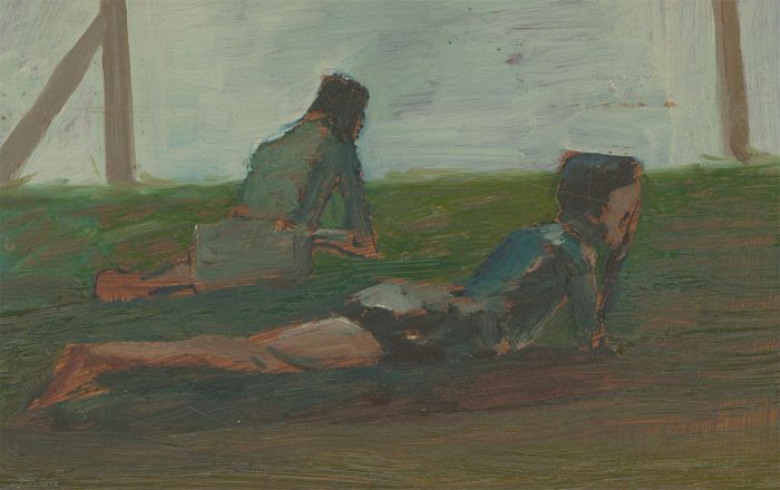 Richard O'Connell (b.1947) - 1979 Oil, Girls by a Fence