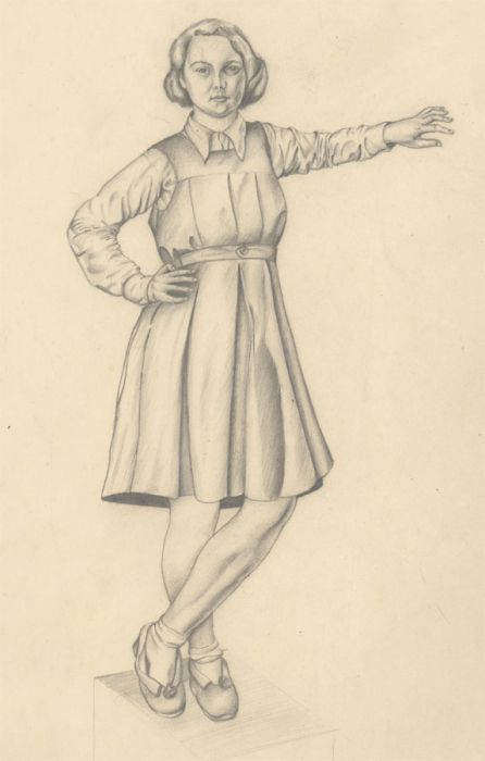 Mid 20th Century Graphite Drawing - Portrait Study of a Standing Lady