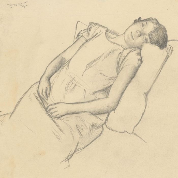 Harold Hope Read (1881-1959) - 1923 Charcoal Drawing, Reclined Over Pillow