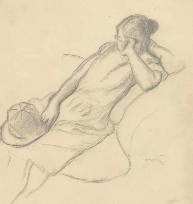 Harold Hope Read (1881-1959) - Charcoal, Reclining Female Figure Holding Hat