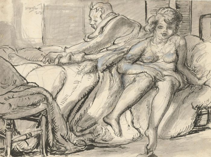 Harold Hope Read (1881-1959) - 1923 Pen and Ink Drawing, Getting Out of Bed