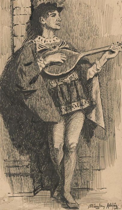 Stanley Ashton - Signed Early 20th Century Pen and Ink Drawing, The Lute Player