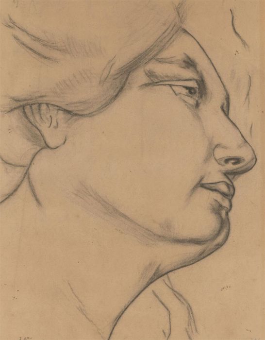 Domingo Meri Reig - 20th Century Charcoal Drawing, Profile of a Female Figure