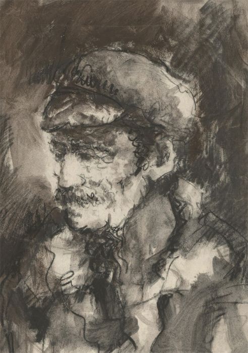 Mid 20th Century Charcoal Drawing - Portrait of a Man with a Flat Cap