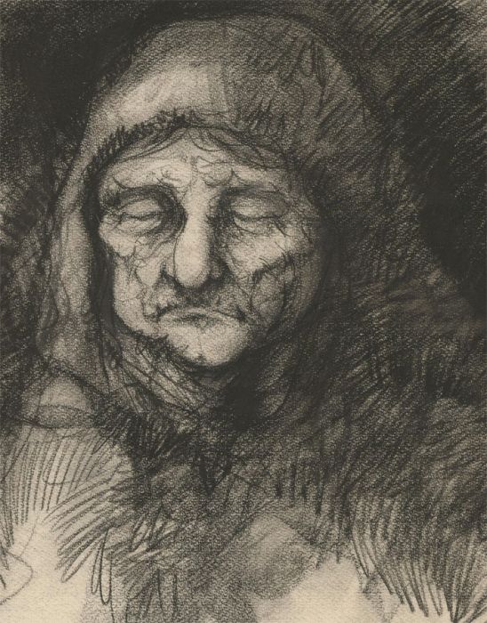 Mid 20th Century Charcoal Drawing - Portrait of an Older Woman with Headscarf