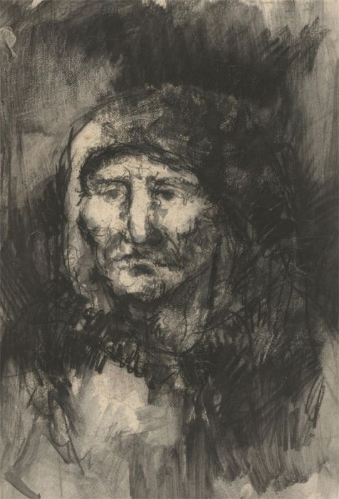 Mid 20th Century Charcoal Drawing - Older Woman with Headscarf