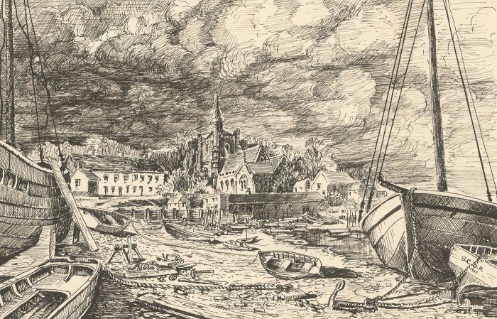 1967 Pen and Ink Drawing - The Scrand with St. Mary's Maldon