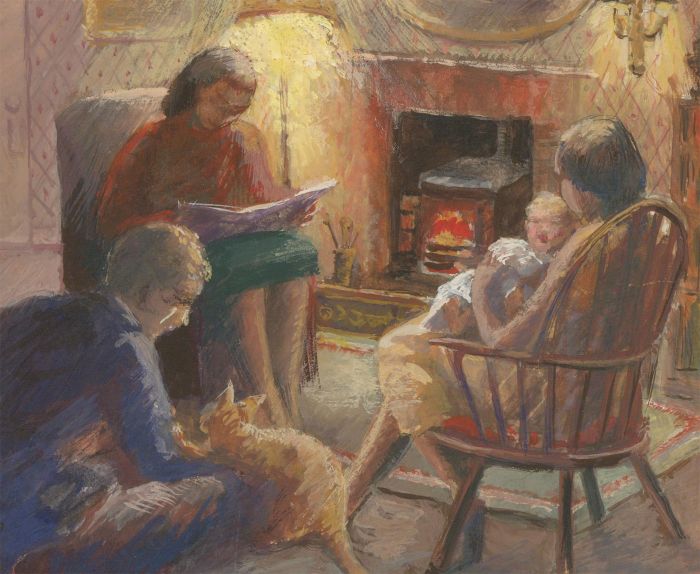 Mid 20th Century Gouache - Cosy Sitting Room