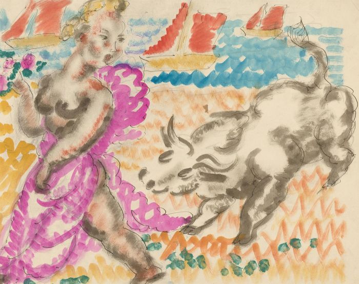 Vera Cuningham (1897-1955) - Mid 20th Century Watercolour, Bull and Lady in Pink