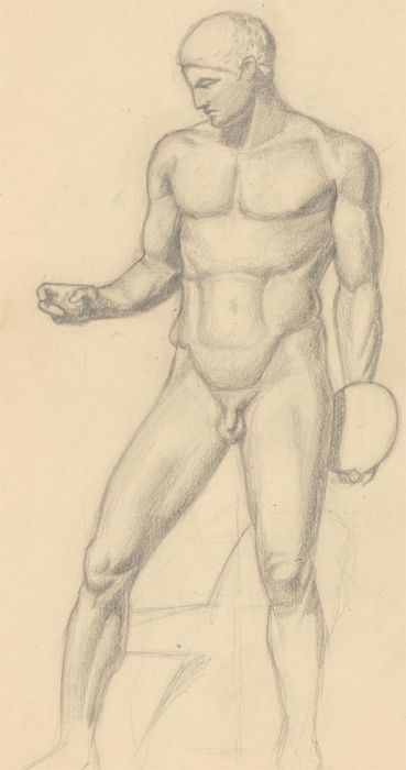 Malcolm Rogers - Mid 20th Century Graphite Drawing, Nude Statue Study with Disc