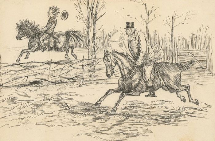 Four Late 19th Century Pen and Ink Drawing - Hunting and Farming Scenes