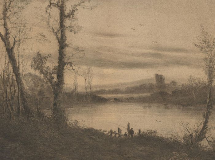 Mid 20th Century Charcoal Drawing - A Lakeside Evening