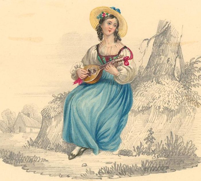 Late 19th Century Watercolour - Girl Playing a Lute