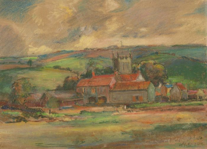 Alan Yates ARBSA - Mid 20th Century Pastel, Farm with Church
