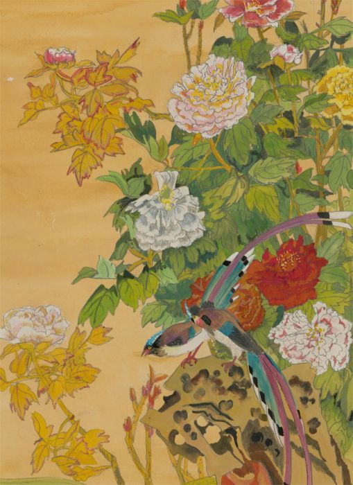 Mid 20th Century Gouache - Floral Composition with Birds
