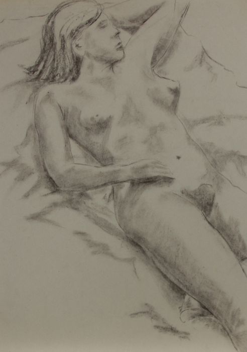 20th Century Charcoal Drawing - Nude Study of a Reclining Lady with Dark Hair